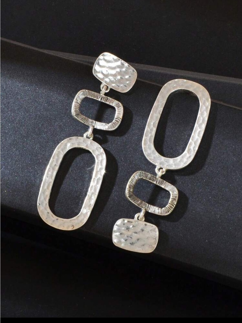 Silver Textured Geometric Drop Earrings - Women Jewelry - Picture 4 of 5